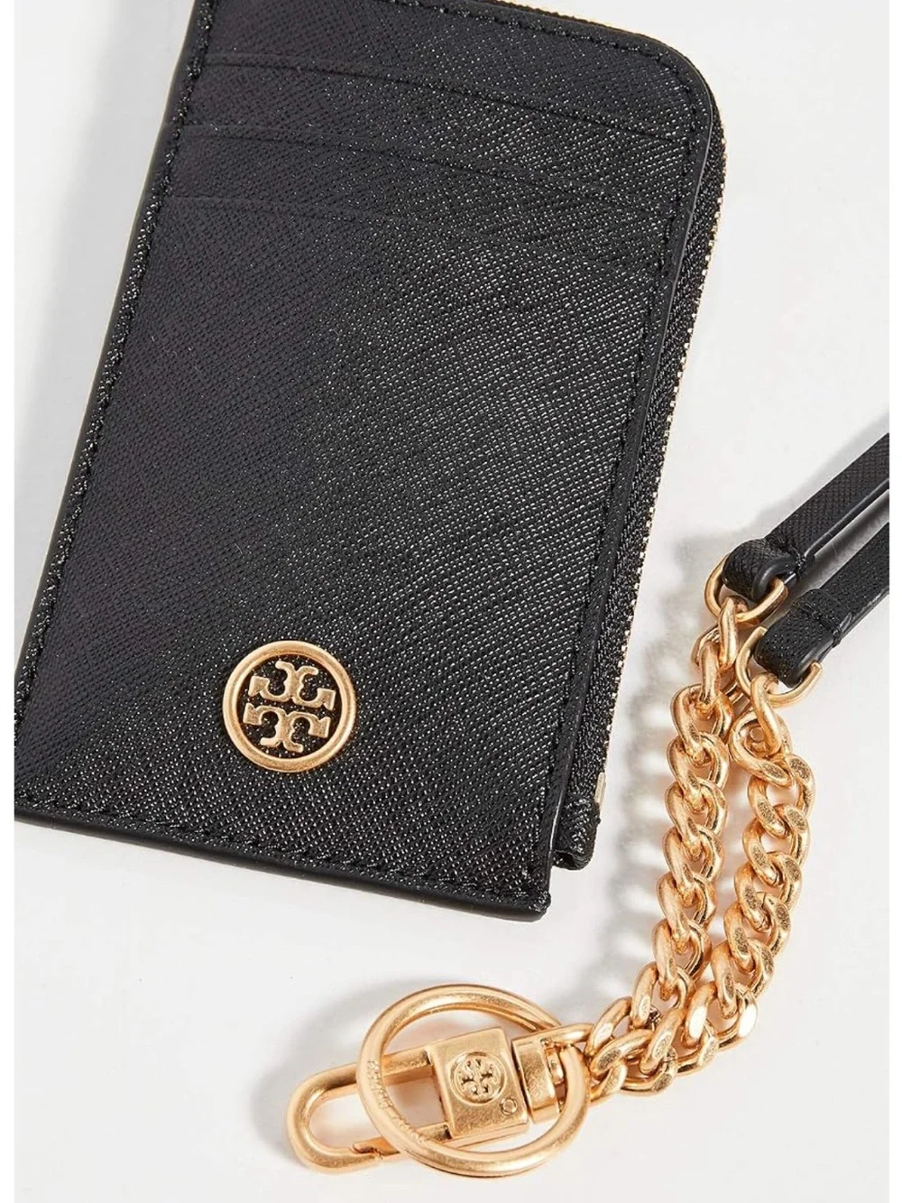 Tory Burch Black Leather Cardholder with Gold Chain Lanyard and Logo